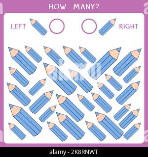 Semplice gioco educativo per i bambini. Contare quante matite sono rivolte a sinistra e a destra e scrivere il risultato Foto Stock
