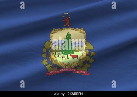 Vermont bandiera dello stato degli Stati Uniti con grandi pieghe che ondeggiano da vicino sotto la luce studio al coperto. I simboli e i colori ufficiali in tessuto banner Foto Stock