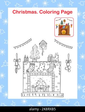 Natale scena camino, orologio, stoccaggio, coniglietti, fuoco, garland, candela, abete-tree contorno pagina da colorare con immagine di esempio vettore illustrazione, vacanza invernale attività di svago, foglio di lavoro Illustrazione Vettoriale