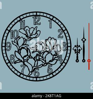 Un bellissimo orologio con una bella illustrazione, taglio laser motivo floreale. Silhouette vettoriale, stencil, taglio laser... Illustrazione Vettoriale