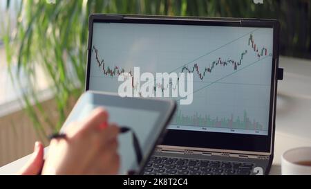 primo piano. sullo sfondo di un monitor di un notebook con grafici. le mani delle donne scrivono qualcosa nel tablet. Donna d'affari che analizza i dati finanziari sullo schermo del tablet e del computer. Foto di alta qualità Foto Stock