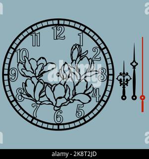 Un bellissimo orologio con una bella illustrazione, taglio laser motivo floreale. Silhouette vettoriale, stencil, taglio laser... Illustrazione Vettoriale