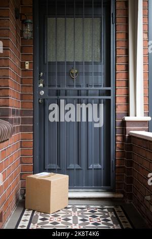 Una foto verticale di una scatola posta di fronte ad una porta nera con barre metalliche Foto Stock