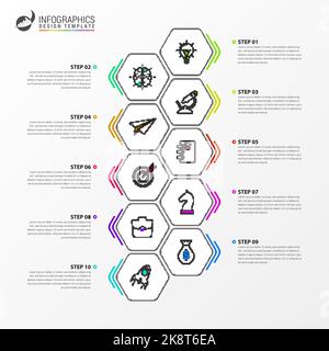 Modello di progettazione infografica. Concetto di timeline con 10 passi. Può essere utilizzato per il layout del flusso di lavoro, il diagramma, il banner, il webdesign. Illustrazione vettoriale Illustrazione Vettoriale