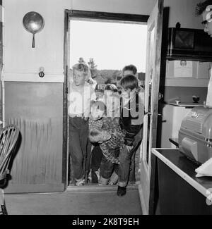 Fredrikstad 8 agosto 1959. Ai giovani motociclisti di Fredrikstad è stato assegnato un nuovo luogo d'incontro al caffè Stortorvets, rinominato dai giovani 'Totaker'n'. Qui dall'interno della caffetteria. I ragazzi piccoli non lasciano entrare nel caffè, ma guardare il desiderio di ottenere duro come i ragazzi MC. Foto: Aage Storløkken / corrente / NTB Foto Stock