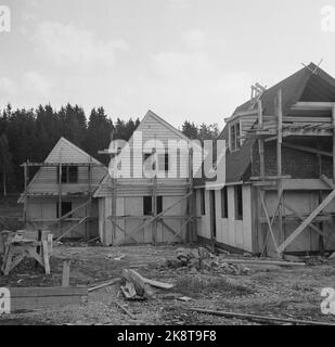 Bærum. Nadderud 1951. 48 case sono in costruzione su Nadderud. 'Si parla di case cittadine all'uno e mezzo piano con arredamento secondo i principi americani. Ogni appartamento è composto da 4 camere e cucina, con una superficie totale di ​​115 mq, oltre al seminterrato sotto la metà della casa. L'affitto sarà di 160.- kroner al mese. Ma può probabilmente essere ridotto. La caparra è stimata a 7.000 NOK per appartamento. ' Qui le pareti sono allestite. Foto: Sverre A. Børretzen / NTB Foto Stock