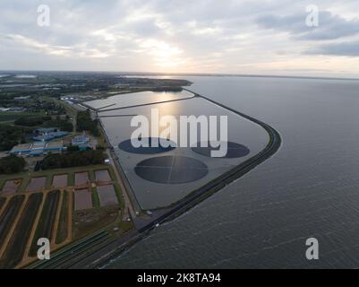 Pannelli solari girevoli galleggianti. Sistema solare di generazione di energia sostenibile su larga scala. Verde estrazione di energia elettrica dal sole su Foto Stock