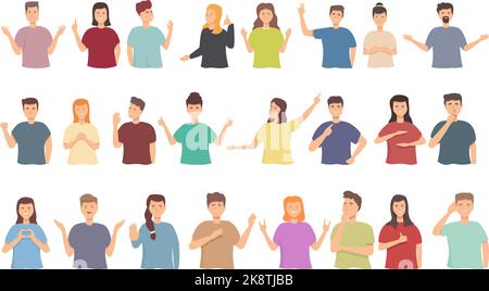 Le persone che parlano con le icone dei gesti delle mani impostano il vettore dei cartoni animati. La gente dice. Perdita sorda Illustrazione Vettoriale