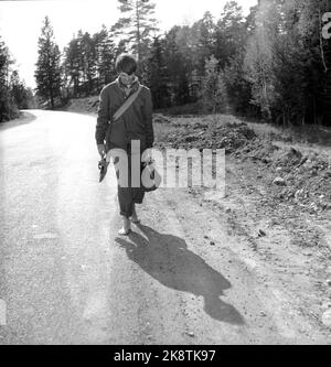 L'arte di camminare, nel 1956. Norvegia, la primavera del 1956. Il famoso attore svedese per Oscarsson decise di camminare da Gothenburg a Oslo, e lungo il tragitto per nutrire ciò che la natura aveva da offrire. Ciò non era un'acrobazia del fotoricettore, l'attore ha pensato appena che la vita era diventata unhealthy ed ha desiderato ritornare alla natura. "Sono solo un essere umano che scoprirà segreti della natura che dovrebbero essere chiari per noi ..” Foto: Aage Storløkken / corrente / NTB Foto Stock