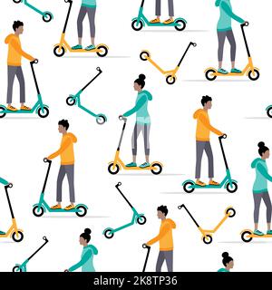 Modello senza cuciture con persone che guidano scooter elettrici. Illustrazione Vettoriale