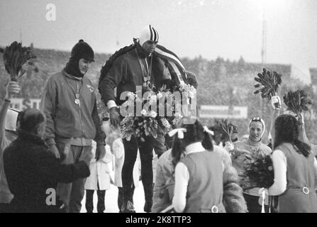 Devent, Paesi Bassi, febbraio 1969. Coppa del mondo sui pattini. Qui il campione del mondo Dag Fornæs insieme a Göran Claeson (t.v.) e Kees Verkerk che sono arrivati rispettivamente al 2nd° e al 3rd° posto. Dag Fornæs si è esibito nel 1969 per vincere sia il NM, il Campionato europeo che la Coppa del mondo. Foto: Sverre A. Børretzen / corrente / NTB Foto Stock