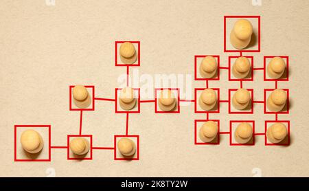 La catena di persone figurine collegati da linee bianche. La cooperazione e l'interazione tra le persone e i dipendenti. La diffusione delle informazioni nella società, Foto Stock