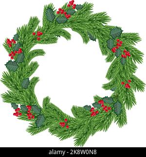 Illustrazione wreath.Vector di Natale, cornice rotonda, rami di abete verde, bacche rosse. Decorazione di Natale per biglietti di auguri, invito, porta decorati Foto Stock