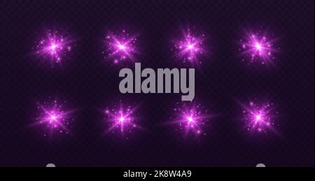 L'obiettivo risplende di luccicanti, set di stelle rosa, brillanti flash della fotocamera. Illustrazione Vettoriale