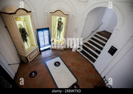 La seconda sala della cappella di San Severo, nota come l'Appartamento della Fenice, dove le macchine anatomiche, gli scheletri di un uomo e di una donna in posizione eretta, con il sistema arterovenoso quasi perfettamente intatto, sono alloggiati in due vetrine. Le macchine sono state realizzate dal medico palermitano Giuseppe Salerno, e alcune fonti settecentesche hanno recentemente rivelato che la macchina anatomica maschile è stata acquistata nel 1756 da Raimondo di Sangro, a seguito di una mostra pubblica che l'anatomista siciliano ha tenuto a Napoli. Foto Stock