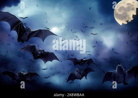 Pipistrelli che volano nel cielo illuminato dalla luna piena nella notte di Halloween. 3D illustrazione e tema fantasy horror con pipistrelli volanti. Foto Stock