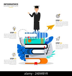 Modello di progettazione infografica. Concetto di istruzione con 4 passaggi. Può essere utilizzato per il layout del flusso di lavoro, il diagramma, il banner, il webdesign. Illustrazione vettoriale Illustrazione Vettoriale