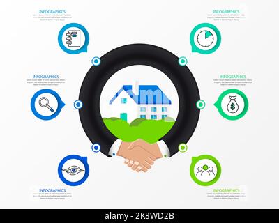 Modello di progettazione infografica. Concetto creativo in 6 fasi. Può essere utilizzato per il layout del flusso di lavoro, il diagramma, il banner, il webdesign. Illustrazione vettoriale Illustrazione Vettoriale