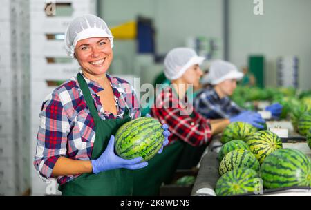 Ritratto di lavoratrice frutticola positiva con anguria Foto Stock