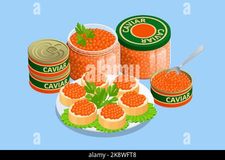 Lattina isometrica di caviale di salmone chum e panino. Vaso di vetro con caviale di salmone chum grande, caviale in una lattina. Cibo sano, frutti di mare. Illustrazione Vettoriale