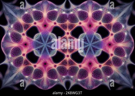 Forma geometrica frattale con struttura dettagliata, un'illustrazione della complessità del modello con profondità e complessità infinite. Toni blu e rosa Foto Stock