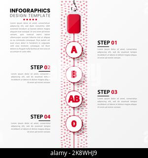 Modello di progettazione infografica. Concetto di donazione di sangue con 4 passaggi. Può essere utilizzato per il layout del flusso di lavoro, il diagramma, il banner, il webdesign. Illustrazione vettoriale Illustrazione Vettoriale