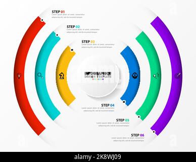 Modello infografico con icone e 6 opzioni o passaggi. Segnale. Può essere utilizzato per il layout del flusso di lavoro, il diagramma, il banner, il webdesign. Illustrazione vettoriale Illustrazione Vettoriale