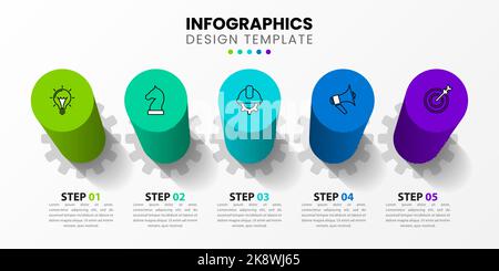 Modello di progettazione infografica. Concetto creativo in 5 fasi. Può essere utilizzato per il layout del flusso di lavoro, il diagramma, il banner, il webdesign. Illustrazione vettoriale Illustrazione Vettoriale