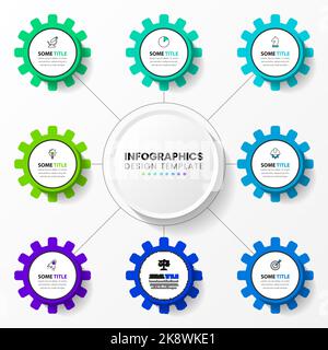 Modello infografico con icone e 8 opzioni o passaggi. Ingranaggi. Può essere utilizzato per il layout del flusso di lavoro, il diagramma, il banner, il webdesign. Illustrazione vettoriale Illustrazione Vettoriale