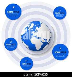 Modello di progettazione infografica. Concetto creativo in 5 fasi. Pianeta blu. Può essere utilizzato per il layout del flusso di lavoro, il diagramma, il banner, il webdesign. Illustrazione vettoriale Illustrazione Vettoriale