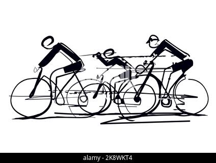 Gara ciclistica, linea d'arte stilizzata. Bianco e nero Illustrazione di tre ciclisti. Disegno a linea continua. Vettore disponibile. Illustrazione Vettoriale
