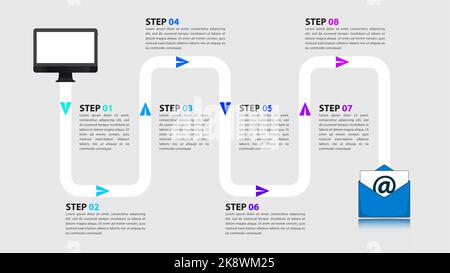 Modello infografico con 8 opzioni o passaggi. Processo di spedizione. Può essere utilizzato per il layout del flusso di lavoro, il diagramma, il banner, il webdesign. Illustrazione vettoriale Illustrazione Vettoriale