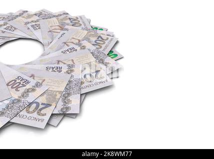 Denaro ufficiale del Brasile, valuta reale. Denaro, Reais, duecento banconote reais in primo piano. Foto Stock