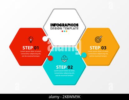 Modello infografico con icone e 3 opzioni o passaggi. Esagonale. Può essere utilizzato per il layout del flusso di lavoro, il diagramma, il banner, il webdesign. Illustrazione vettoriale Illustrazione Vettoriale