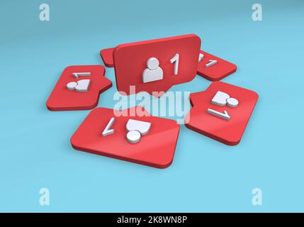 Invia un messaggio ad amici, icona dei social media, messaggio a comparsa, Aggiungi un nuovo amico e mi piace Foto Stock