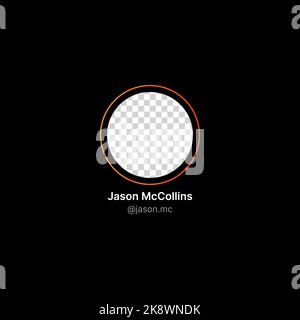 Illustrazione banner profilo utente. Concetto di interfaccia utente sui social media su sfondo nero. Spazio vuoto per l'aggiunta dell'icona Avatar del profilo utente nel cerchio rosso sfumato con nome modificabile e soprannome. Elemento Web per app mobile. Illustrazione vettoriale Illustrazione Vettoriale