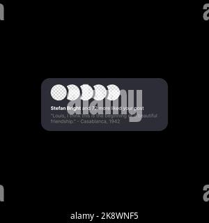 Illustrazione del banner di notifica post-like. Concetto di interfaccia utente sui social media su sfondo nero. Cinque cerchi vuoti per aggiungere icone del profilo utente con testo modificabile e numero di mi piace. Elemento Web per applicazioni mobili. Illustrazione vettoriale Illustrazione Vettoriale