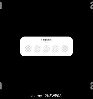 Illustrazione banner follower. Concetto di interfaccia utente sui social media su sfondo nero. Cinque cerchi vuoti per l'aggiunta di avatar utente con numero modificabile di abbonati. Elemento Web per applicazioni mobili. Illustrazione vettoriale Illustrazione Vettoriale