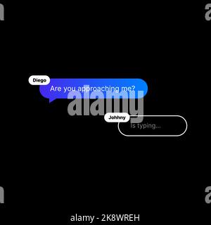 Illustrazione dell'interfaccia di Online Messenger. Concetto di interfaccia utente sui social media su sfondo nero. Due fumetti vocali modificabili con nomi utente e digitazione dei messaggi di risposta. Elemento Web per applicazioni mobili. Illustrazione vettoriale Illustrazione Vettoriale