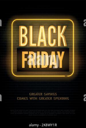 Il più grande modello di volantino con sconti per il Black friday. Mega vendita all'ingrosso neon dorato annuncio con spazio di testo. Offerta speciale sulle pareti in mattoni stilizzati. Promozione stagionale design banner Illustrazione Vettoriale