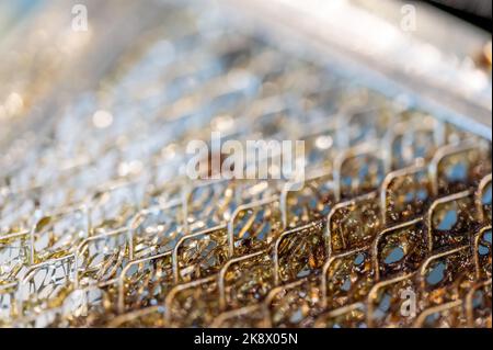 Macro di messa a fuoco selettiva di un filtro sporco cappa gamma cucina intasato di grasso. Foto Stock
