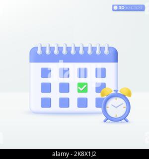 Calendario con simboli delle icone della sveglia. Notifica, evento, pianificazione aziendale, concetto di promemoria. Disegno di illustrazione con isolamento vettoriale 3D. Cartoon passato Illustrazione Vettoriale