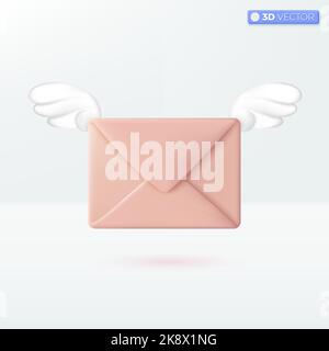 Busta volante con simboli a forma di icona ali. Notifica della posta in arrivo, concetto di posta elettronica in linea con lettere. Disegno di illustrazione con isolamento vettoriale 3D. Cartoon passato Illustrazione Vettoriale