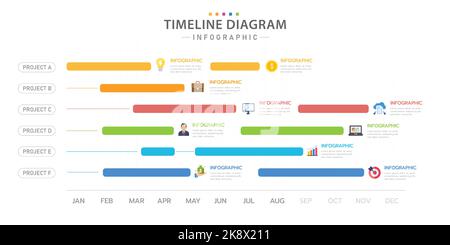 Modello infografico per le aziende. 12 mesi Calendario dei diagrammi della linea temporale moderna con icone tematiche, infografica vettoriale di presentazione. Illustrazione Vettoriale