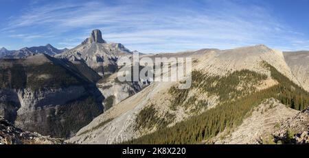 Devils Head o Devils Nose famoso montagna Peak. Escursione a Bastion Ridge, Ghost Wilderness Area Rock Landscape, Alberta Foothills Canadian Rockies Foto Stock