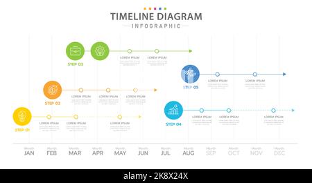 Modello infografico per le aziende. Calendario con 12 mesi di diagrammi della linea temporale moderna con 5 argomenti, infografica vettoriale di presentazione. Illustrazione Vettoriale