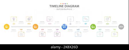 Modello infografico per le aziende. Calendario con diagramma cronologico moderno di 12 mesi con 4 argomenti trimestrali, infografica vettoriale di presentazione. Illustrazione Vettoriale