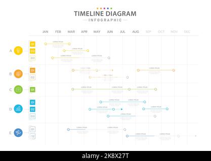 Modello infografico per le aziende. Calendario con 12 mesi di diagramma cronologico moderno con 5 argomenti principali, infografica vettoriale di presentazione. Illustrazione Vettoriale