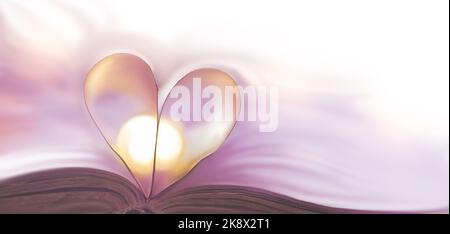 Un libro aperto con un cuore fatto di fogli piegati. Amore concetto di educazione. Sfondo astratto del cuore sfocato dalle pagine del libro con accento lilla. Foto Stock