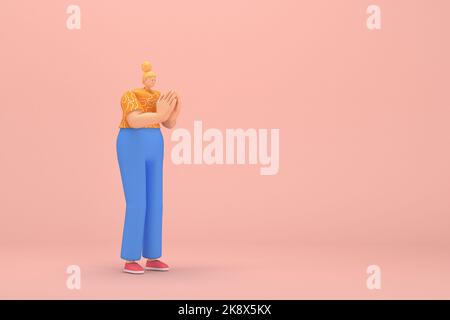 La donna con i capelli dorati legati in un bun che indossa pantaloni corduroy blu e T-shirt arancione con strisce bianche. È espressione di mano quando parla. 3 Foto Stock